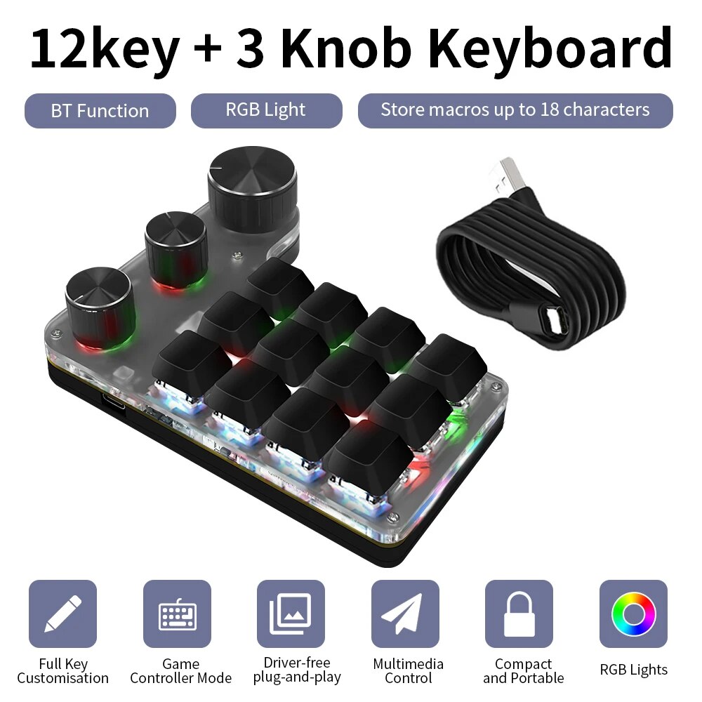 Gaming Keyboard Mini - Bluetooth Programming Macro Custom 3 Knob